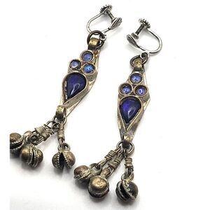 Vintage Twist Back Afghani Belly Dance Silver Earrings Blue Cabochons Bells 3in